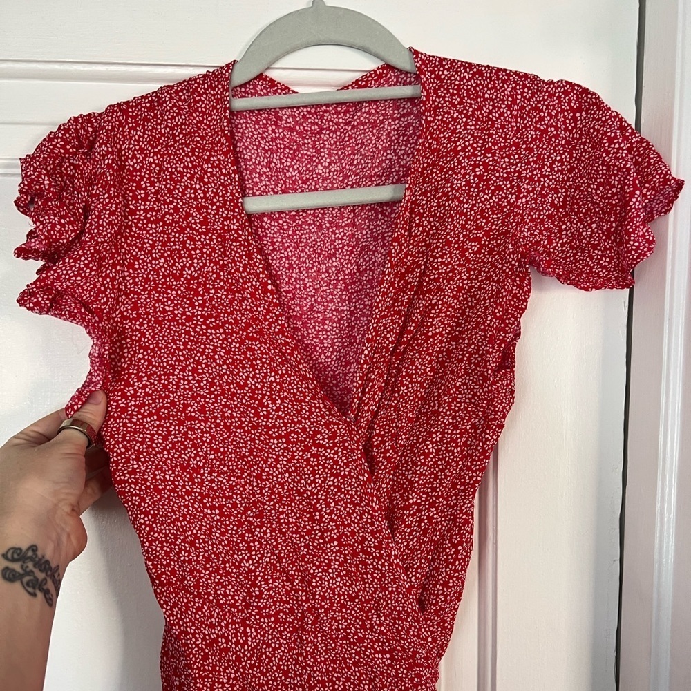 Red Floral Wrap Midi Dress Cottagecore Ruffle Sleeve Summer Size L/ M - Picture 5 of 10